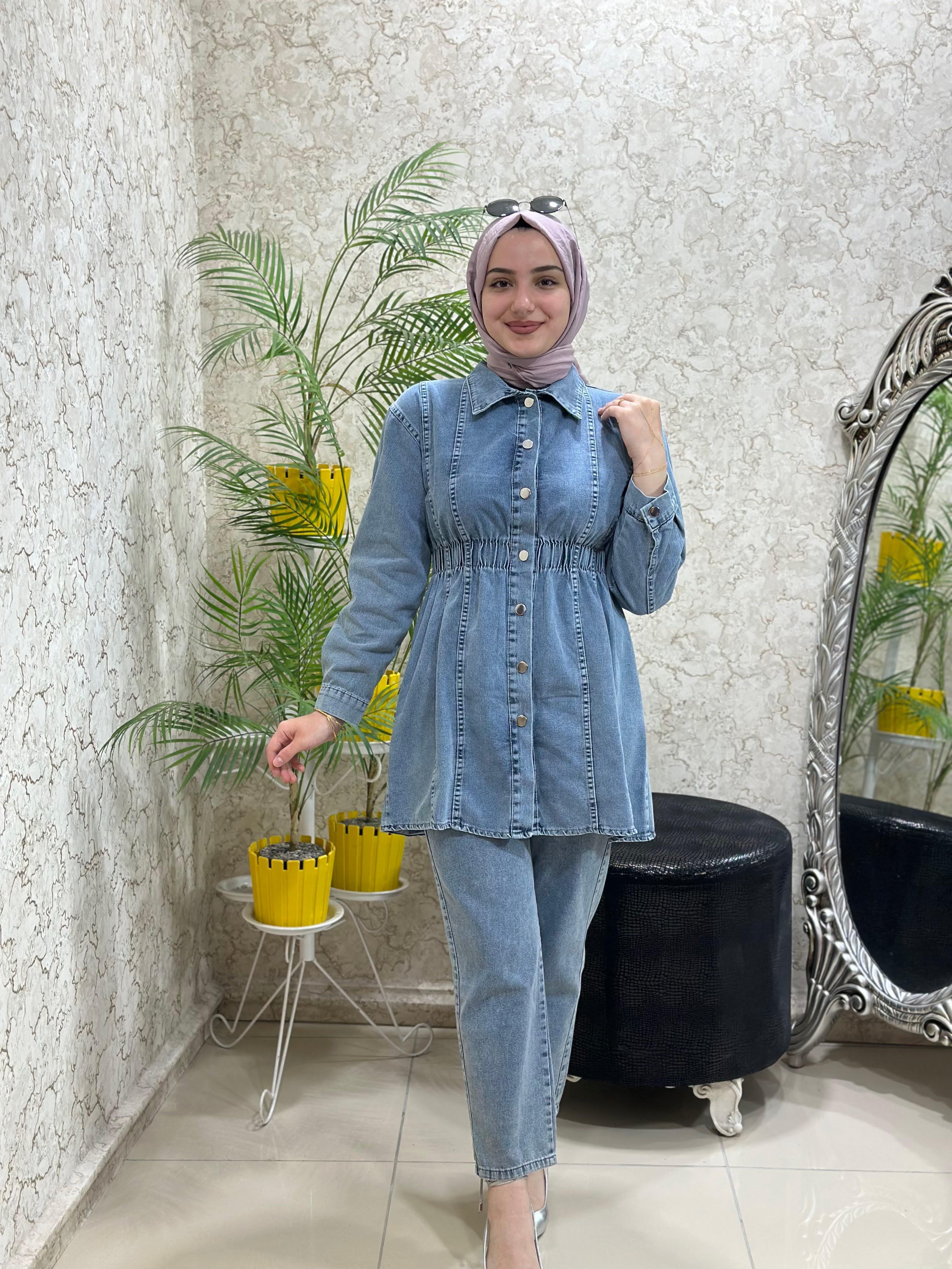 Güneş Kombin Yeni Sezon Beli Lastikli Kot Takım Mavi