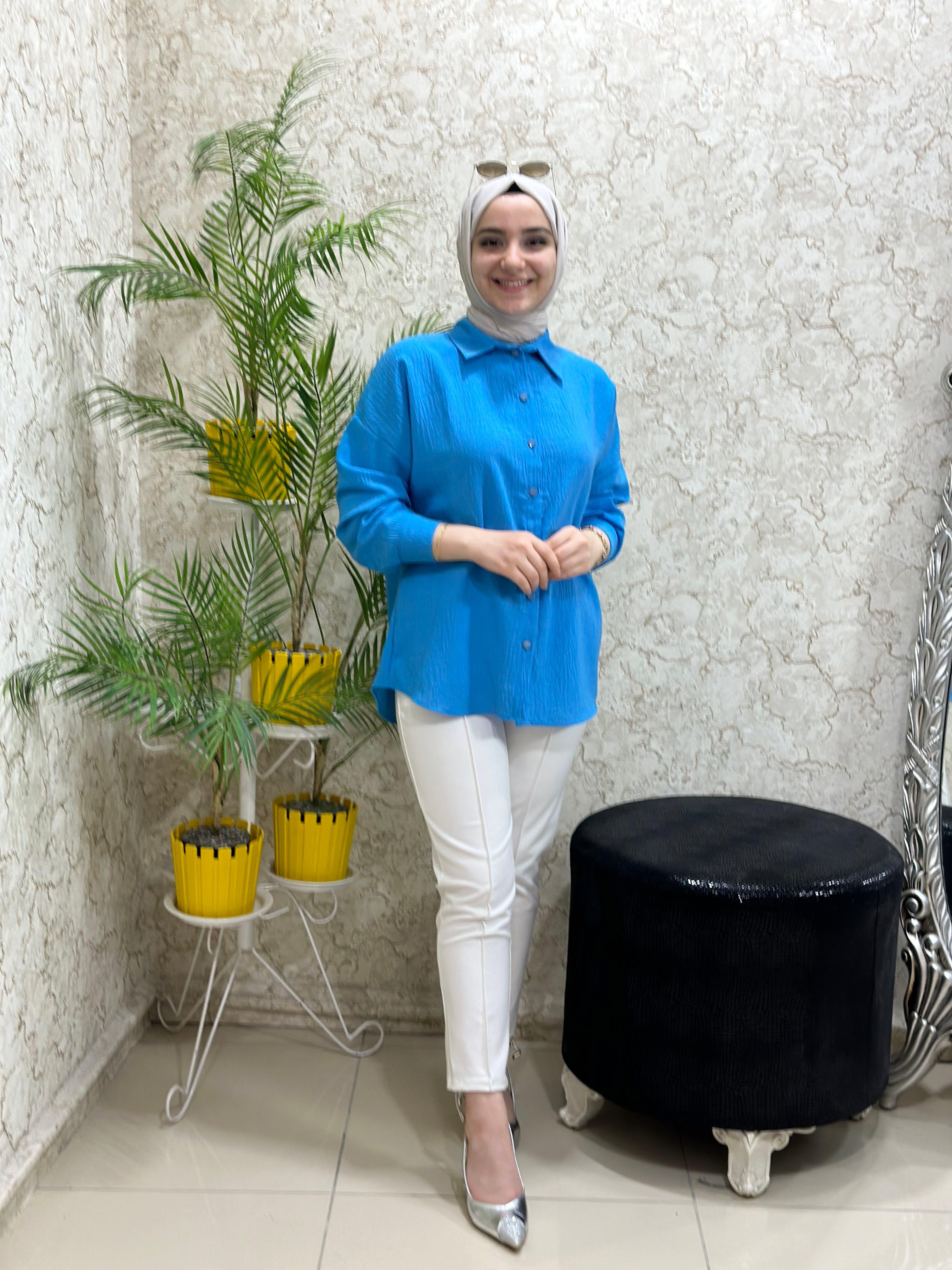 Güneş Yeni Yazlık Tesettür Gömlek Tunik Mavi