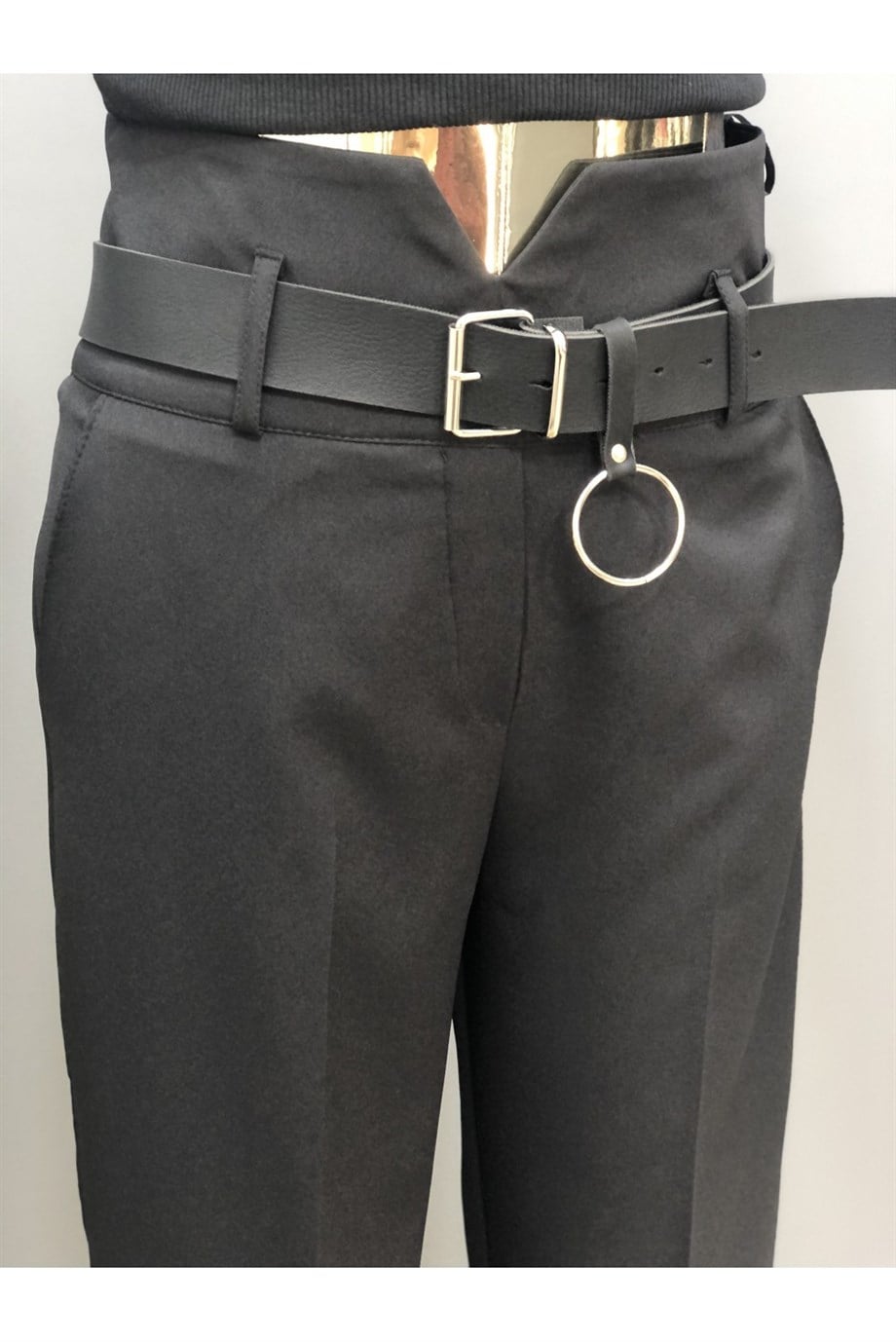 KADIN BEL DETAYLI SİYAH PANTOLON