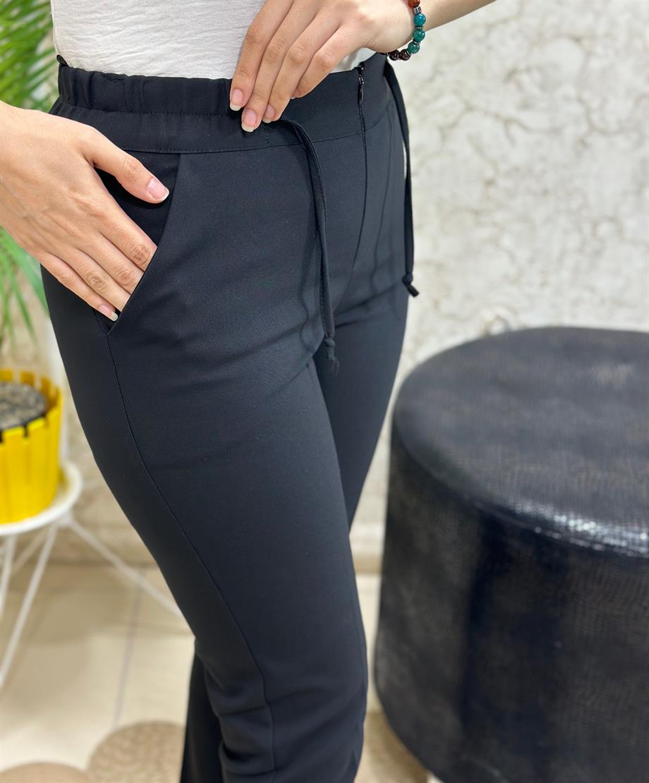 Kadın Beli Lastikli Fermuarlı Likralı Güneş Kumaş Pantolon Siyah