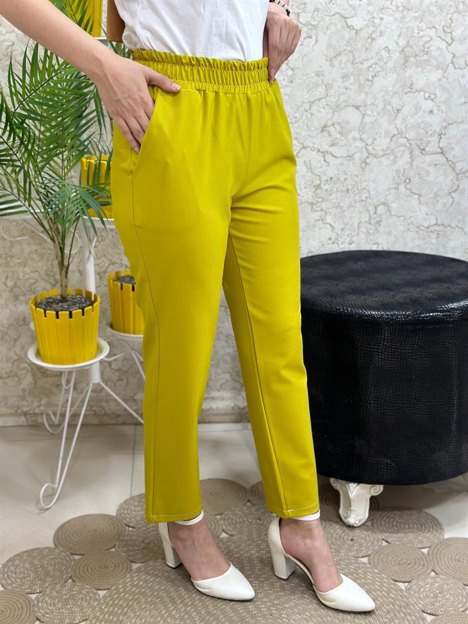 Kadın Beli Lastikli Gabardin Boru Paça Pantolon Yağ Yeşili