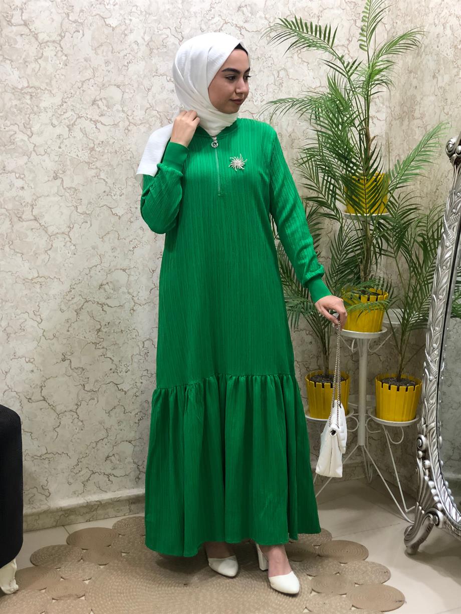 Kadın Tesettür Bürümcük Koton Elbise Yeşil