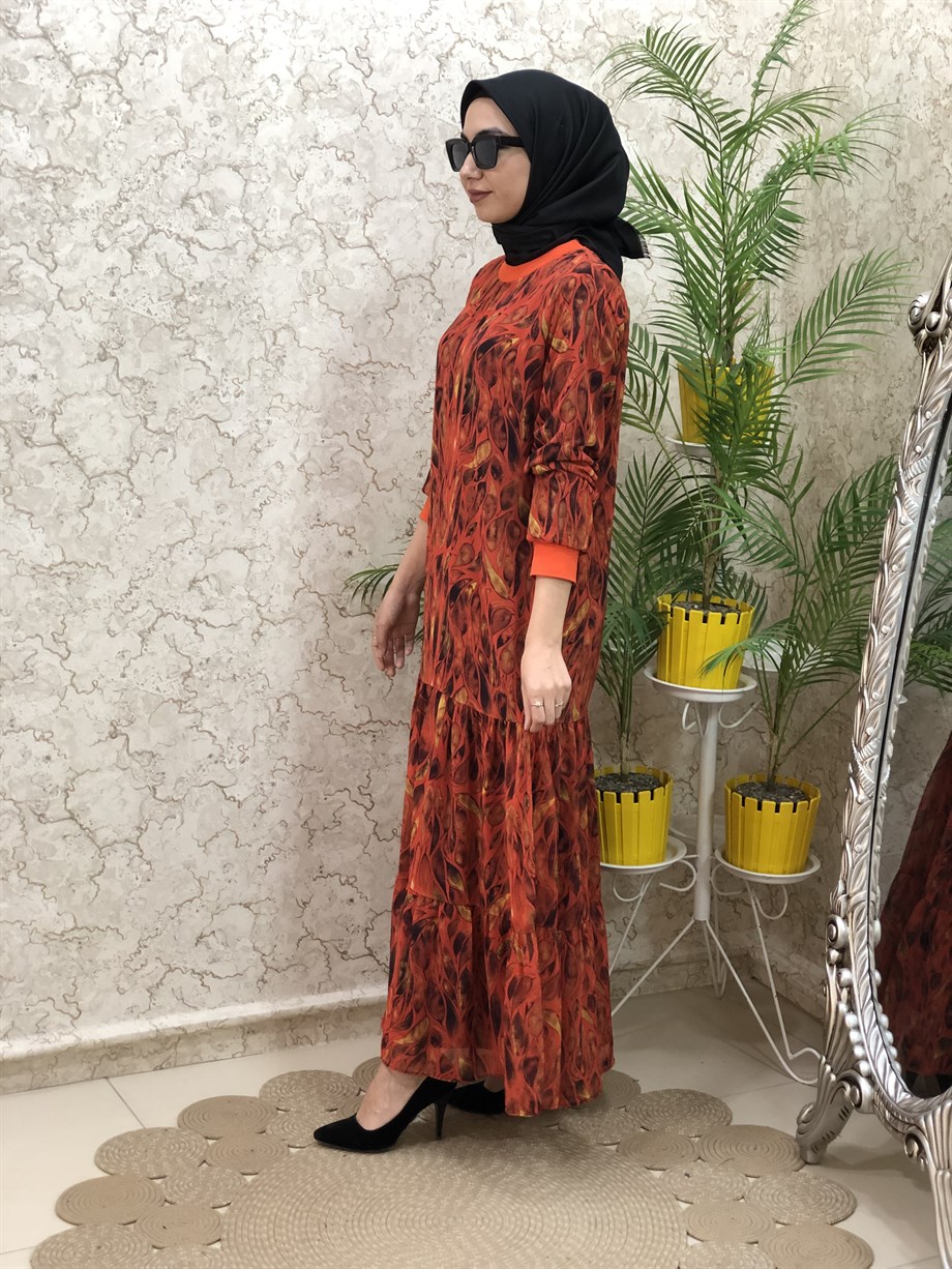 Kadın Tesettür Desenli Şifon Elbise Turuncu