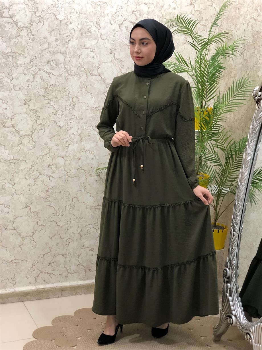 Kadın Tesettür İthal Ayrobin Kumaş Düğmeli Elbise Haki Yeşili