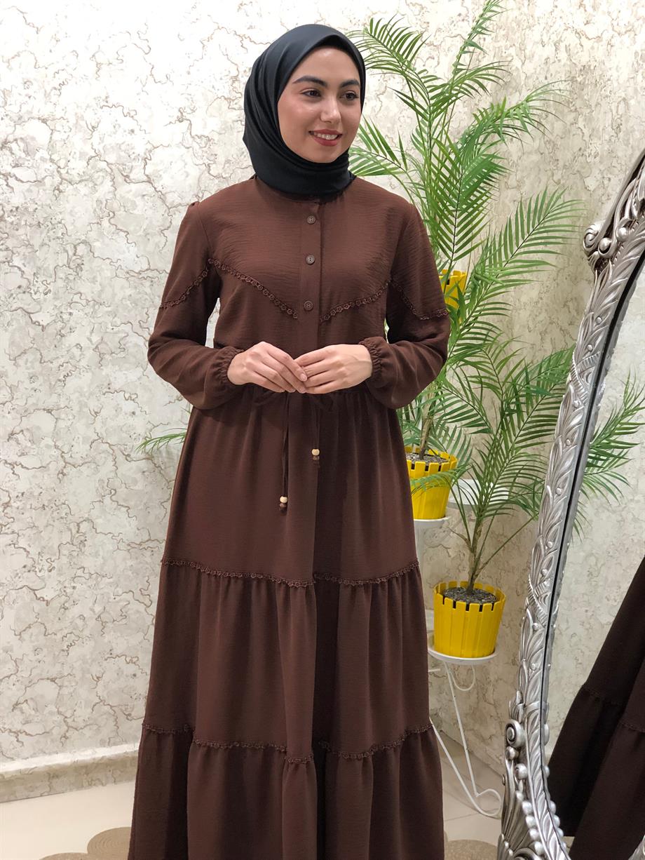 Kadın Tesettür İthal Ayrobin Kumaş Düğmeli Elbise Kahverengi