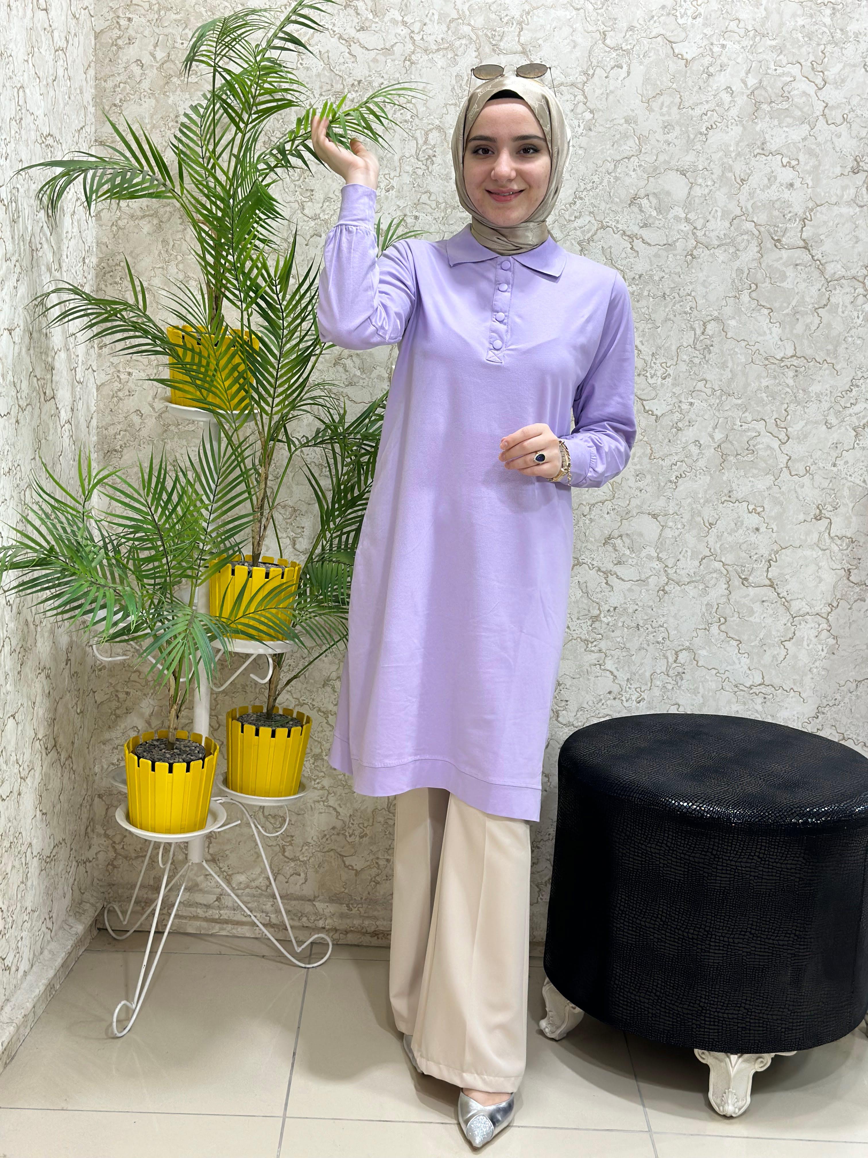 Yeni Lacoste Kumaş Tesettür Tunik Lila