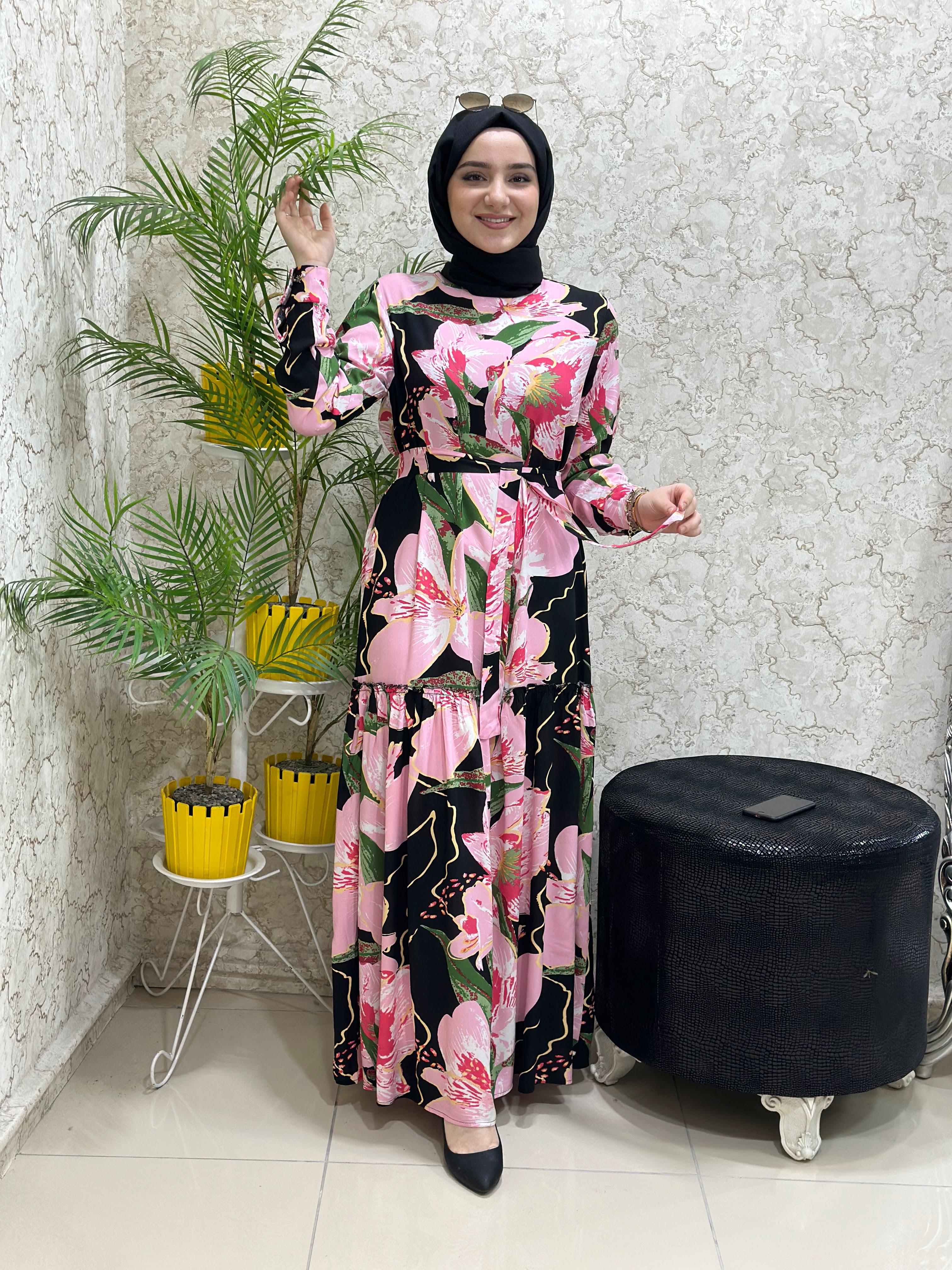 Yeni Sezon Çiçek Desenli Tesettür Elbise Pembe