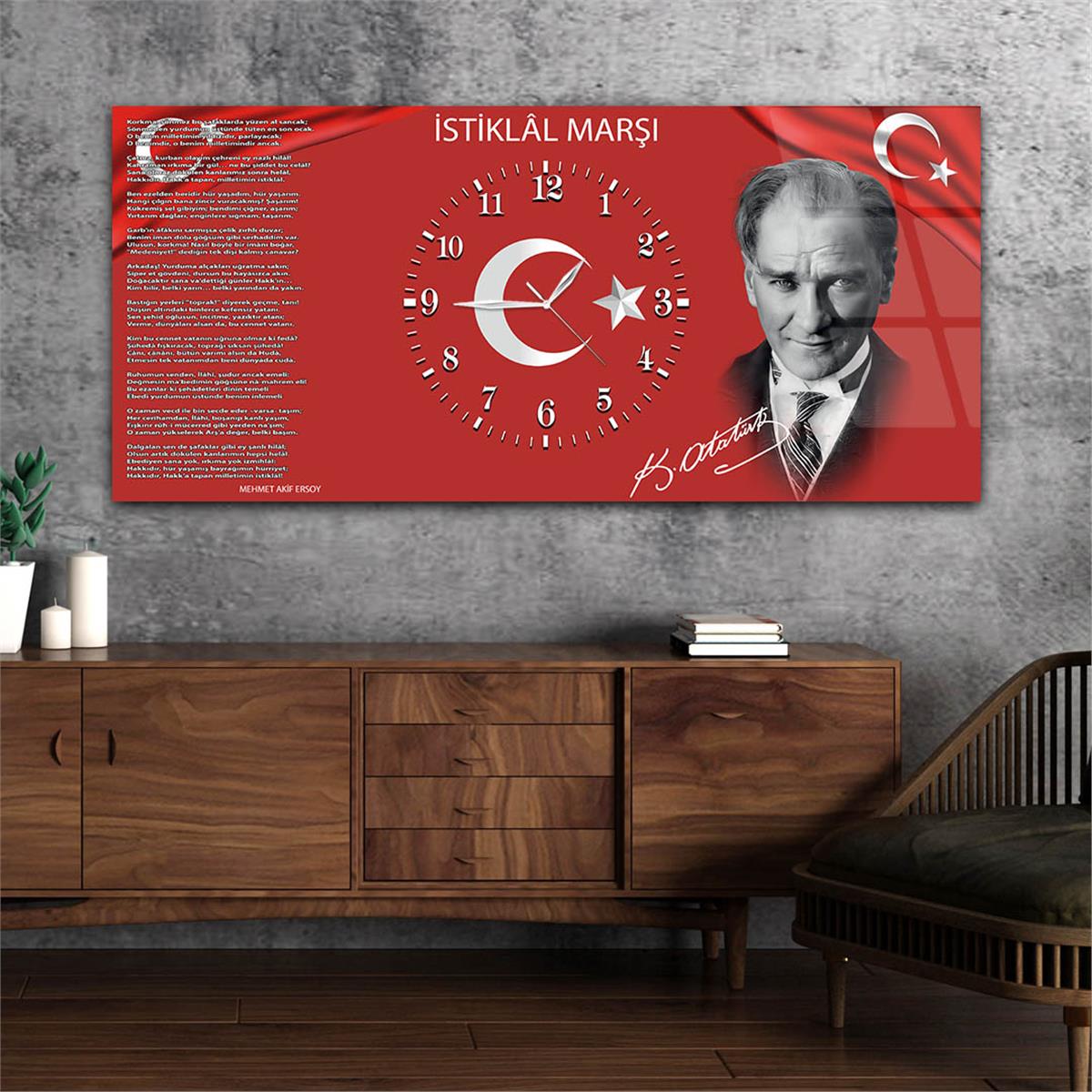 Yatay Ortadan Saatli  Vatan Temalı Cam Tablo 012