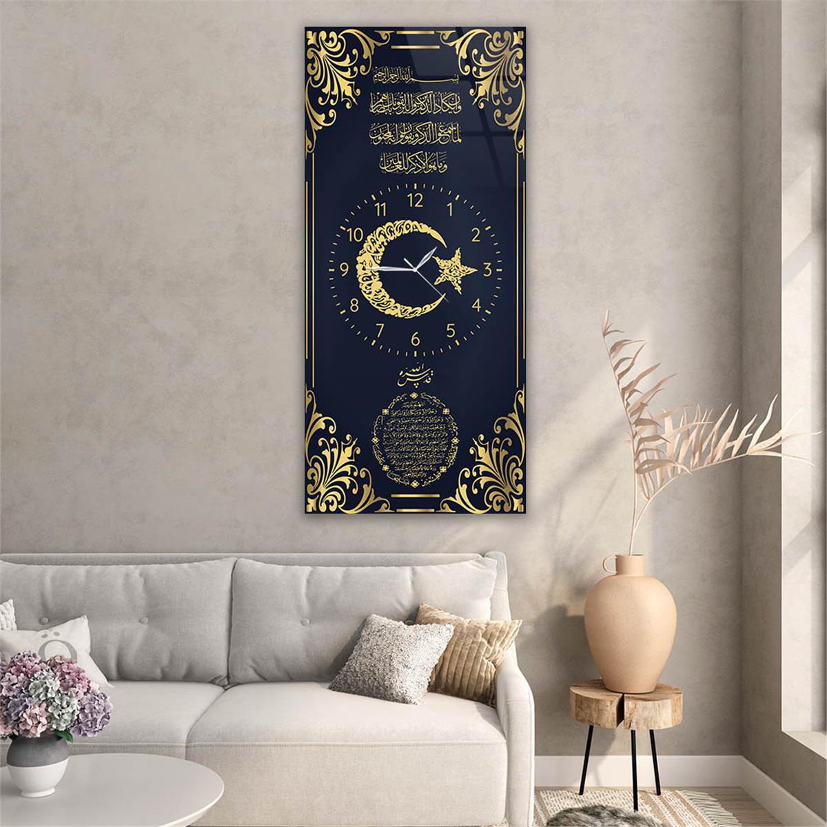 Vertical Religious Themed Glass Wall Art with Clock at the Center 021
