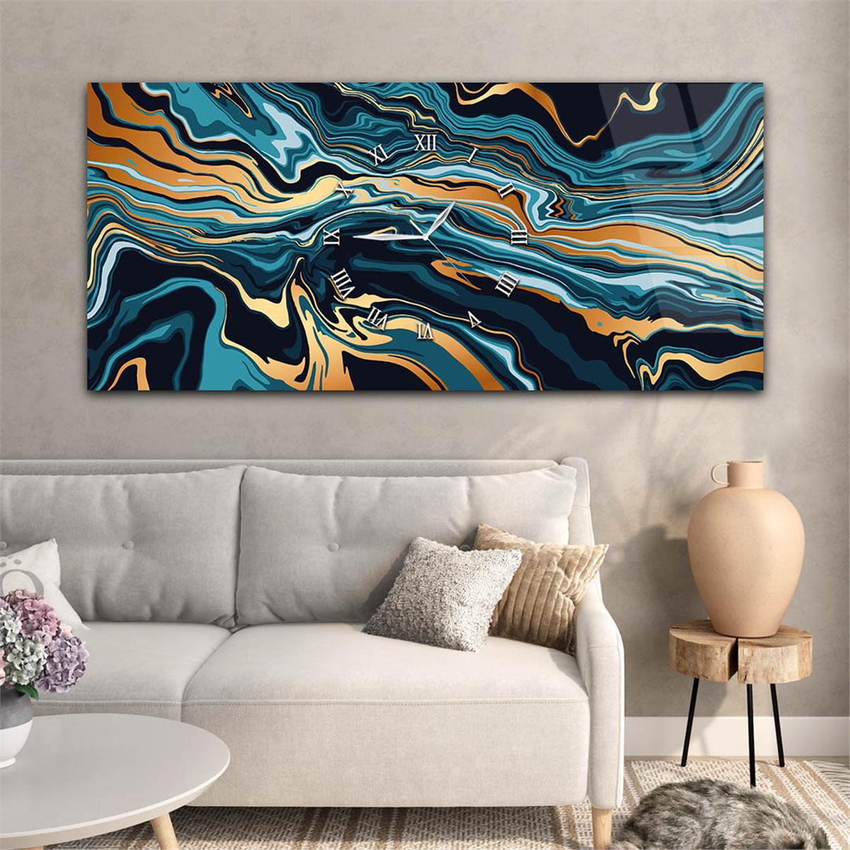 لوحة زجاجية أفقية ذات طابع فني و طبيعي مع ساعة في الوسط 027