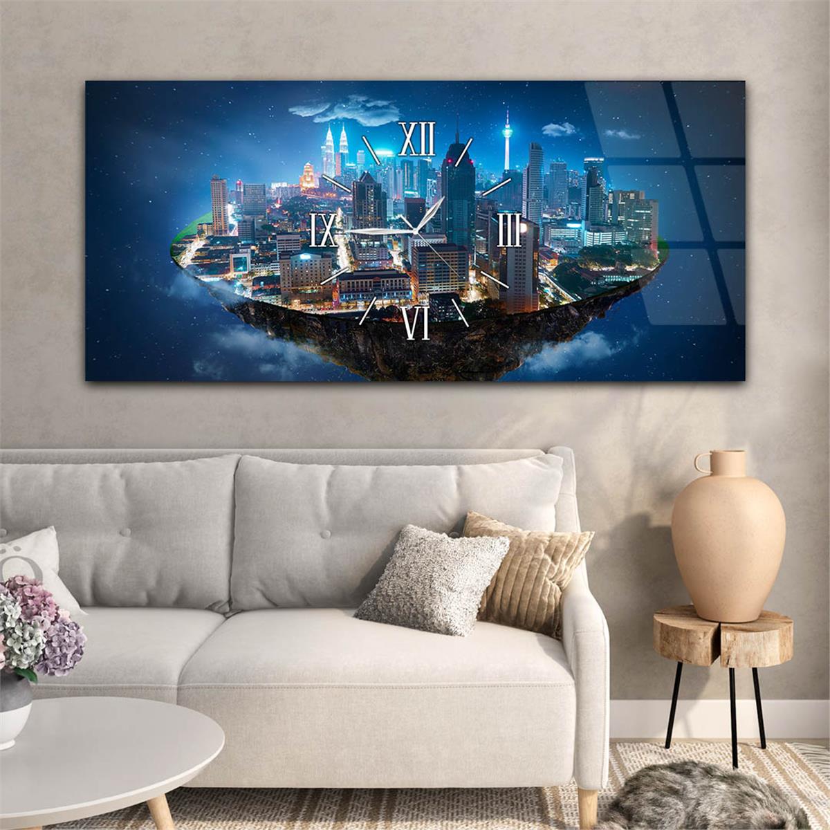 Yatay Ortadan Saatli  Sanat ve Doğa Temalı Cam Tablo 052