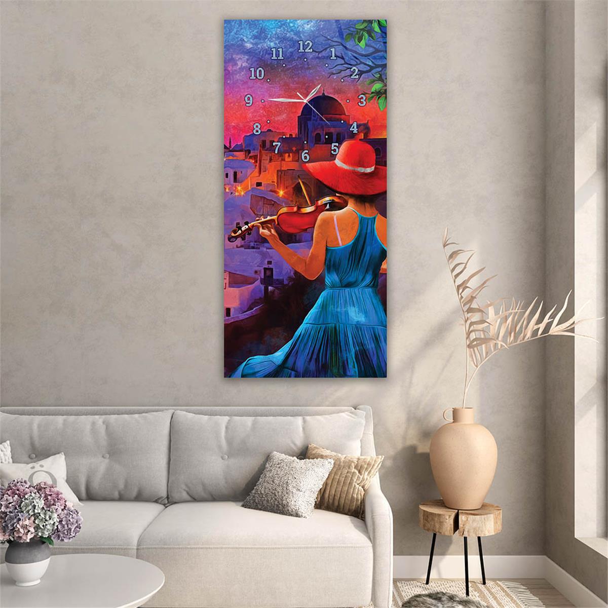 Dikey Üstten Saatli Sanat Temalı Cam Tablo 052