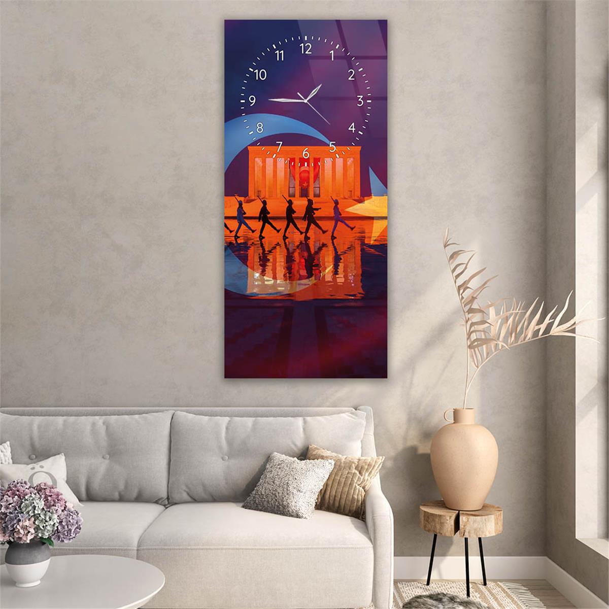 Vertical National Themed Glass Wall Art with Clock at the Top 012