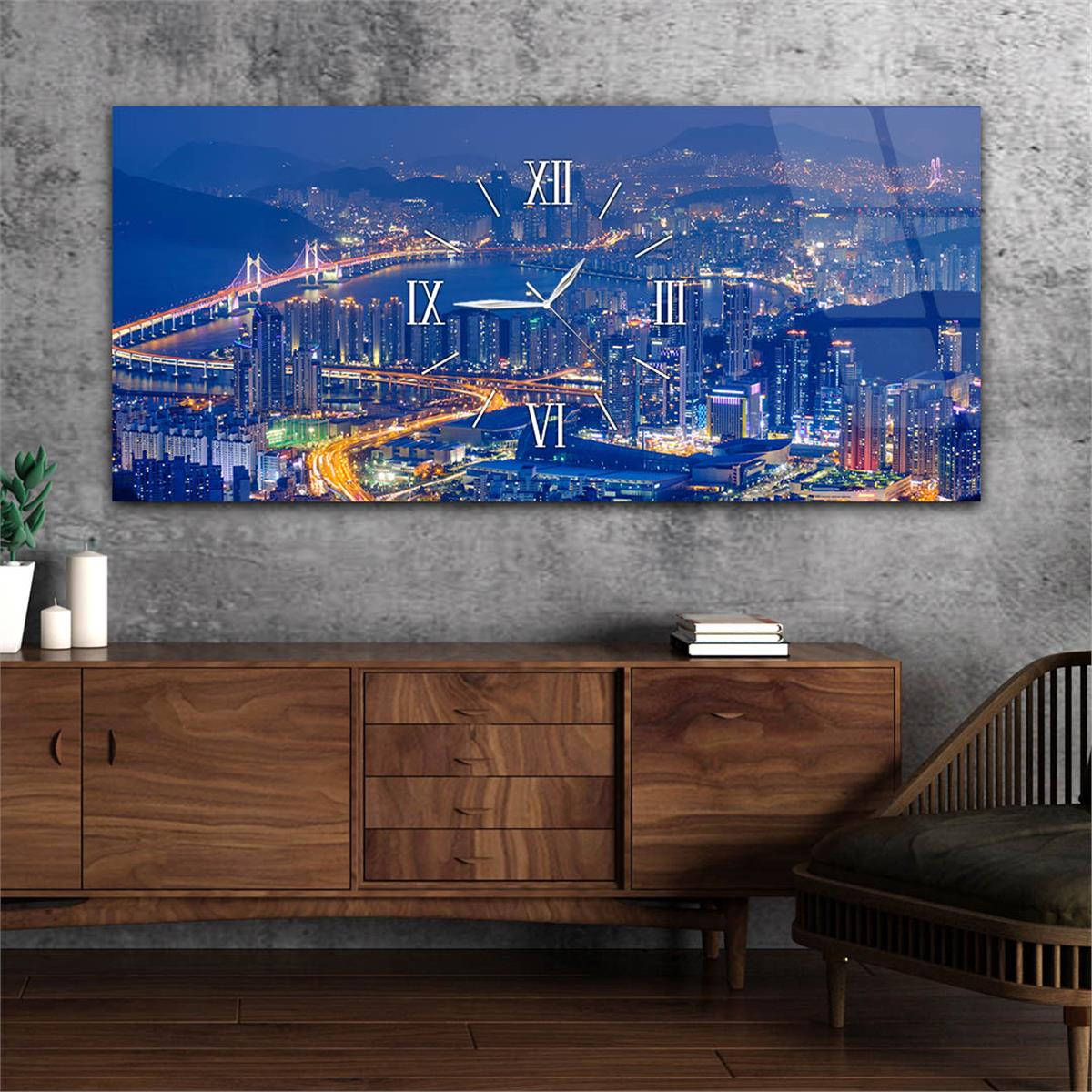 Yatay Ortadan Saatli  Sanat ve Doğa Temalı Cam Tablo 055