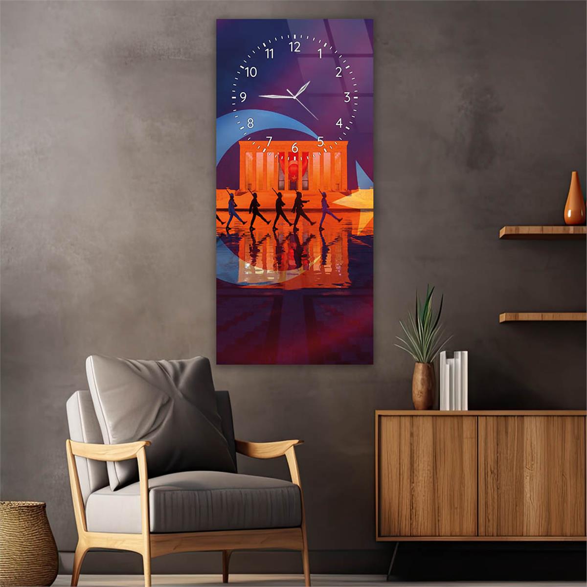 Vertical National Themed Glass Wall Art with Clock at the Top 012