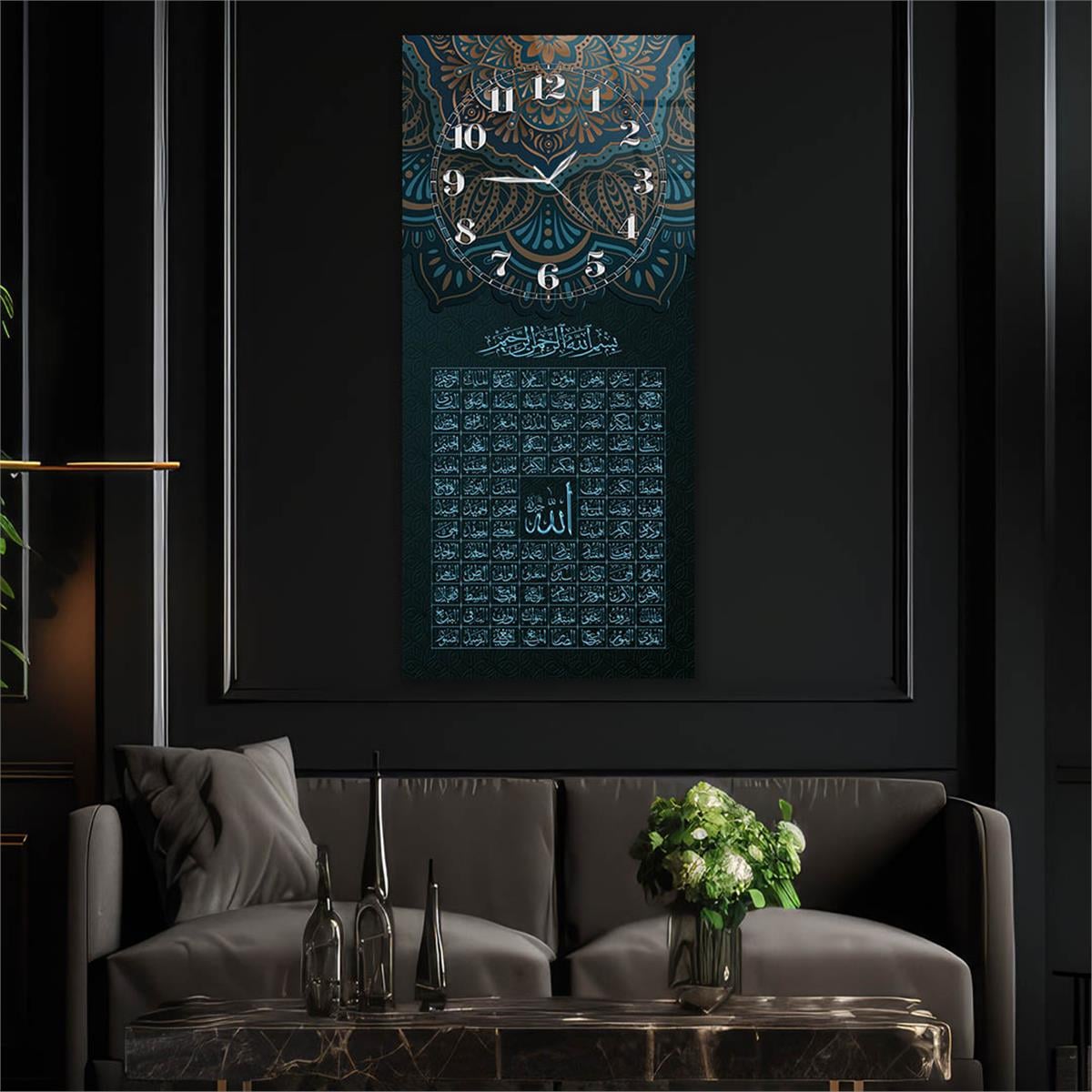 Vertical Religious Themed Glass Wall Art with Clock at the Top  053