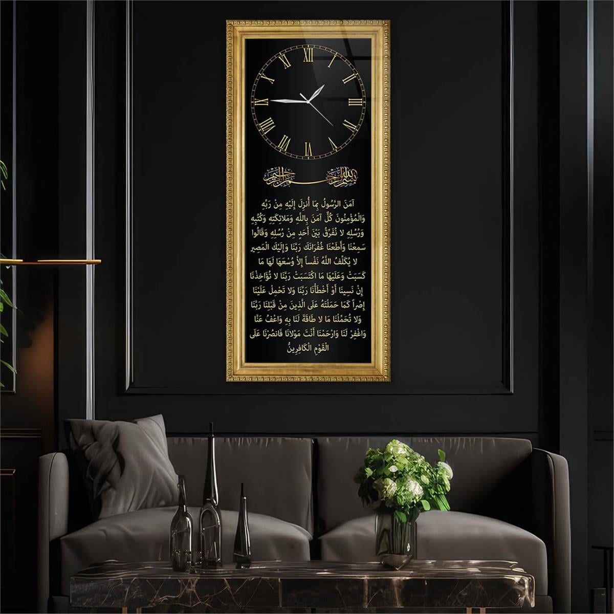Vertical Religious Themed Glass Wall Art with Clock at the Top  002