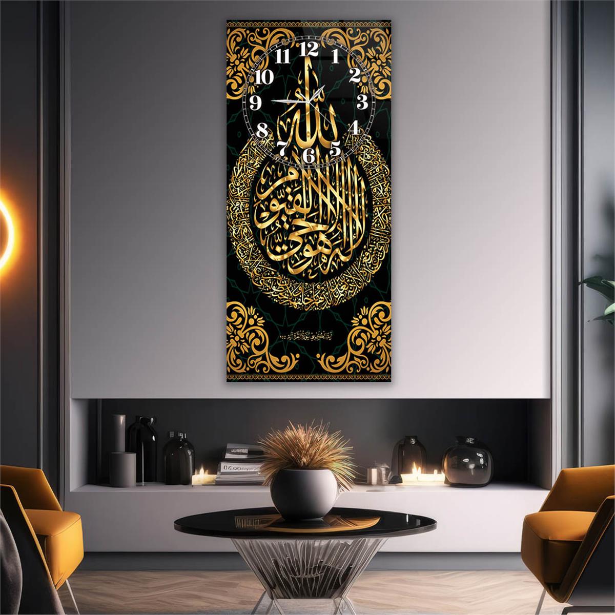 Vertical Religious Themed Glass Wall Art with Clock at the Top  003