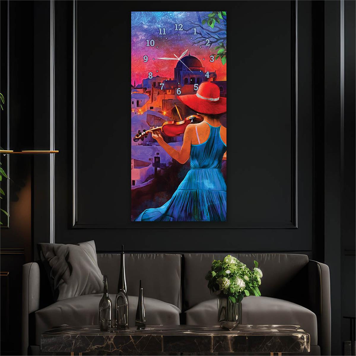 Dikey Üstten Saatli Sanat Temalı Cam Tablo 052