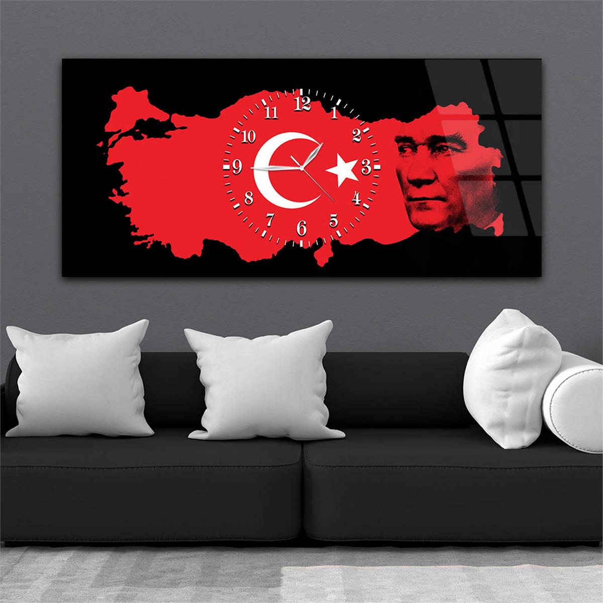 Türkiye Haritası Üzerinde Türk Bayrağı ve Atatürk Saatli Cam Tablo 061