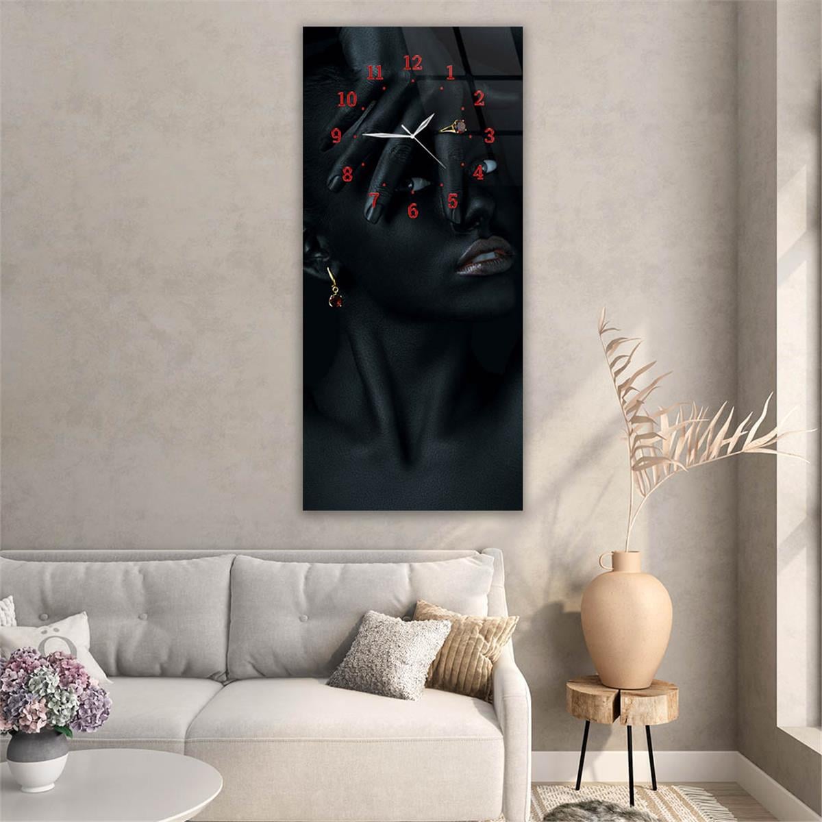 Dikey Üstten Saatli Sanat Temalı Cam Tablo 078