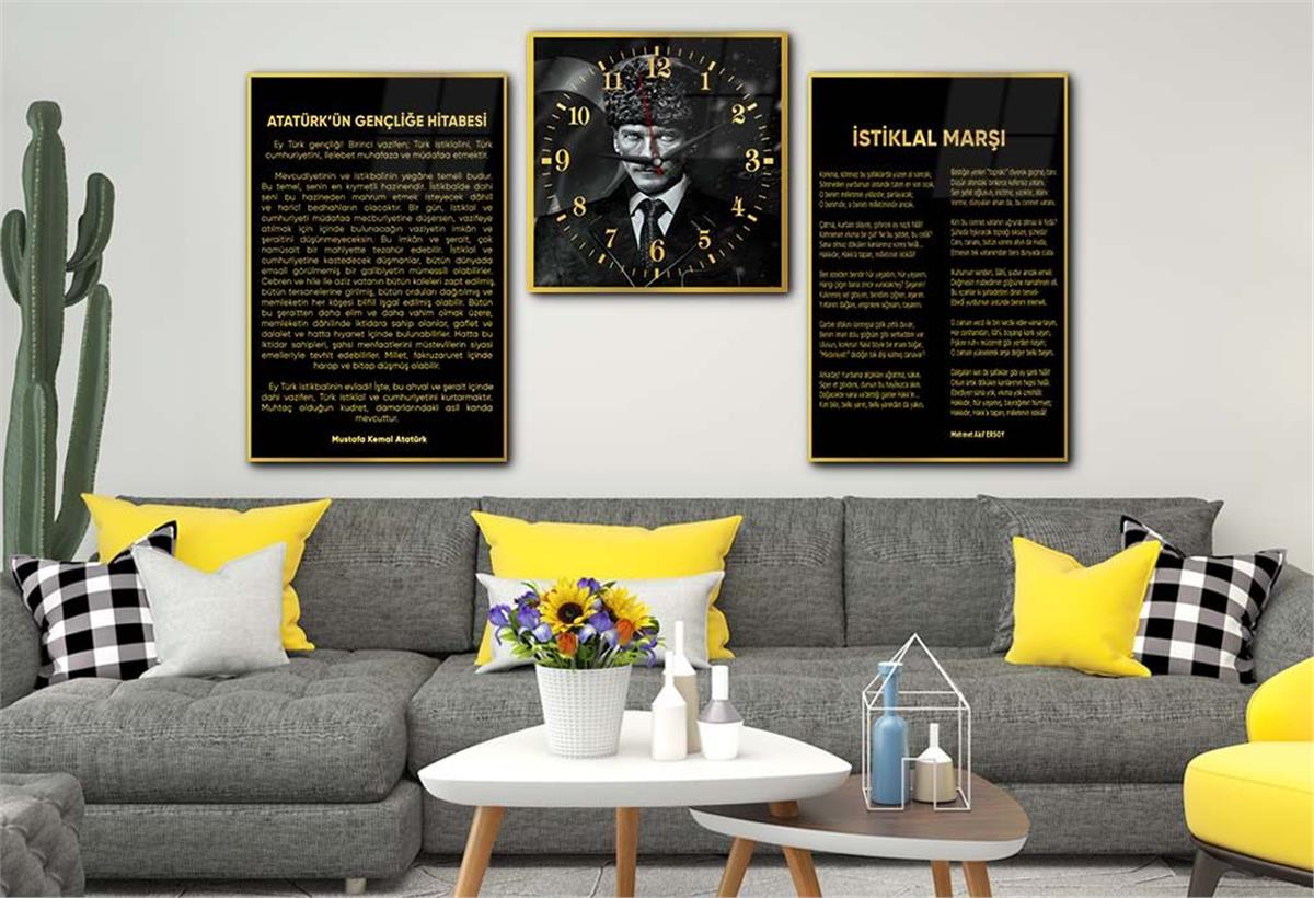 Atatürk and Independence March Glass Wall Art Set with Clock
