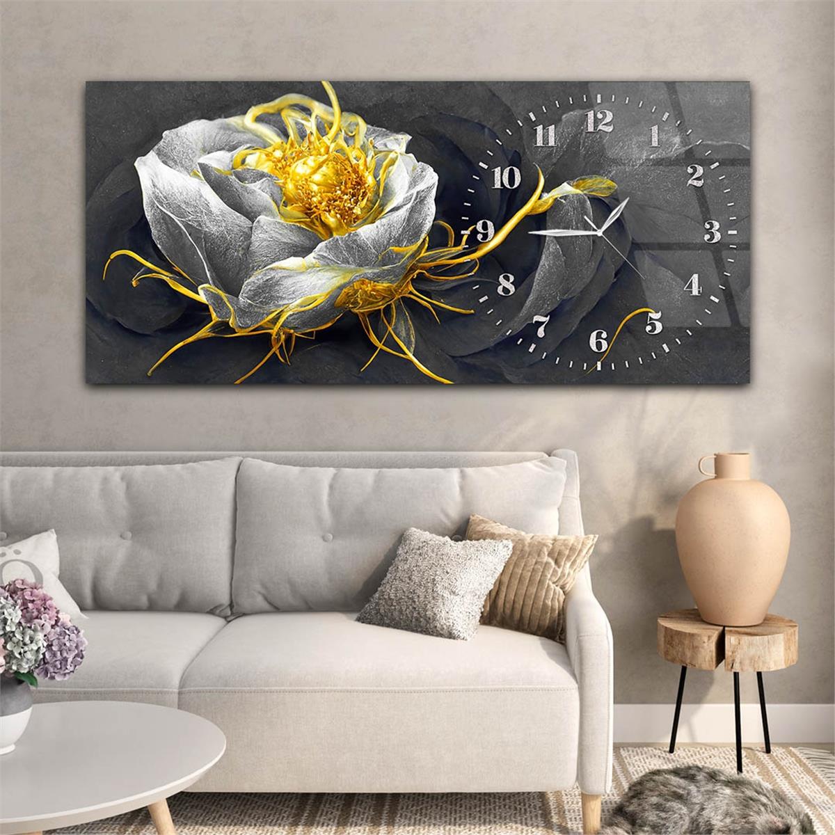 Yatay Saatli Yandan Sanat Temalı Cam Tablo 246