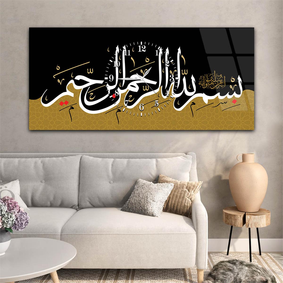 لوحة زجاجية أفقية ذات طابع ديني مع ساعة في الوسط 027