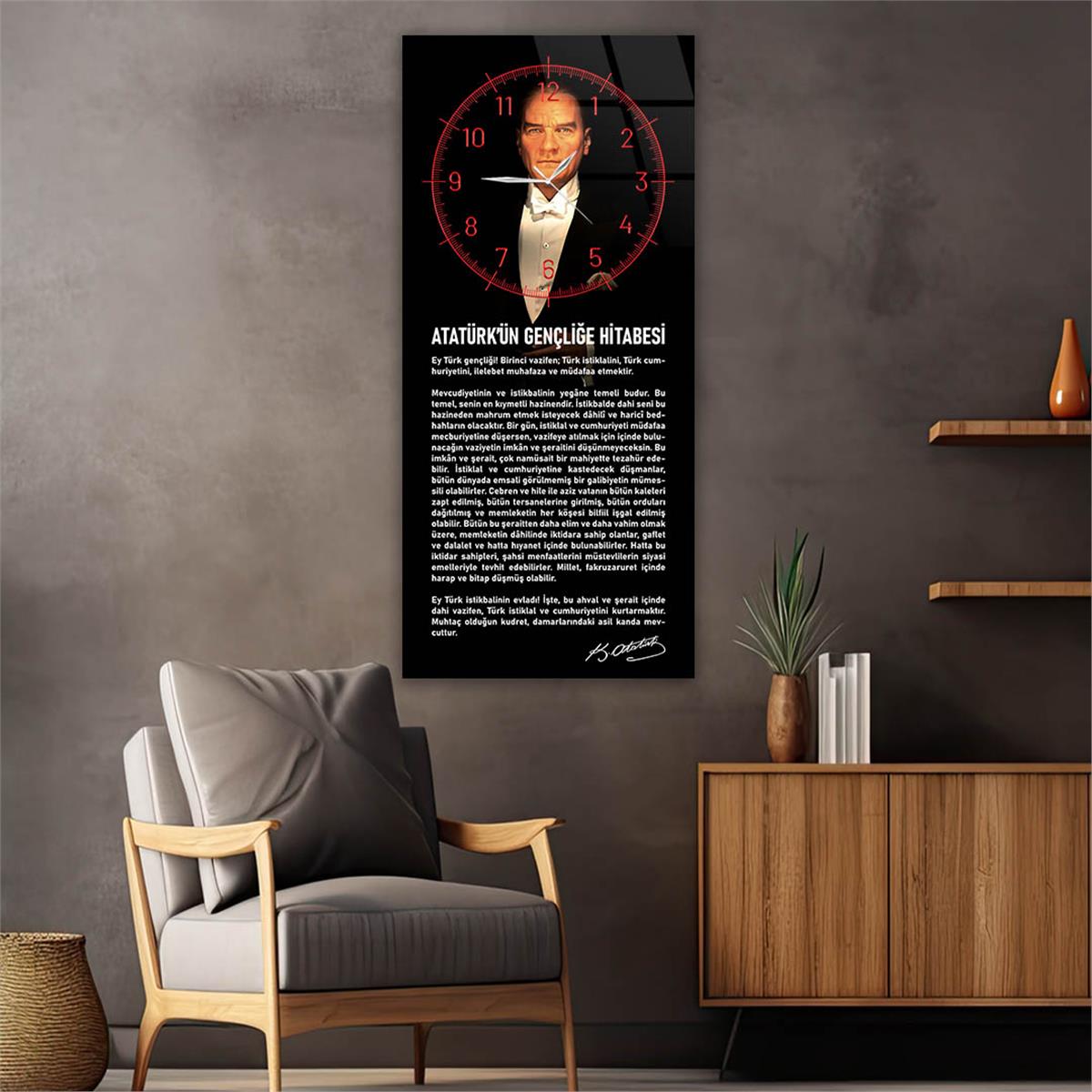 Dikey Üstten Saatli Vatan Temalı Cam Tablo 025