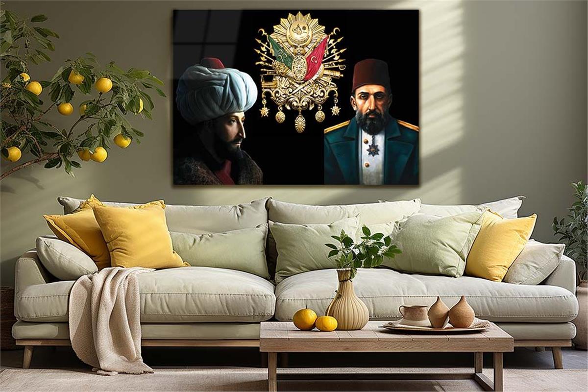F.SULTAN MEHMET HAN VE ABDULHAMİD HAN OSMANLI DEVLET ARMALI CAM TABLO