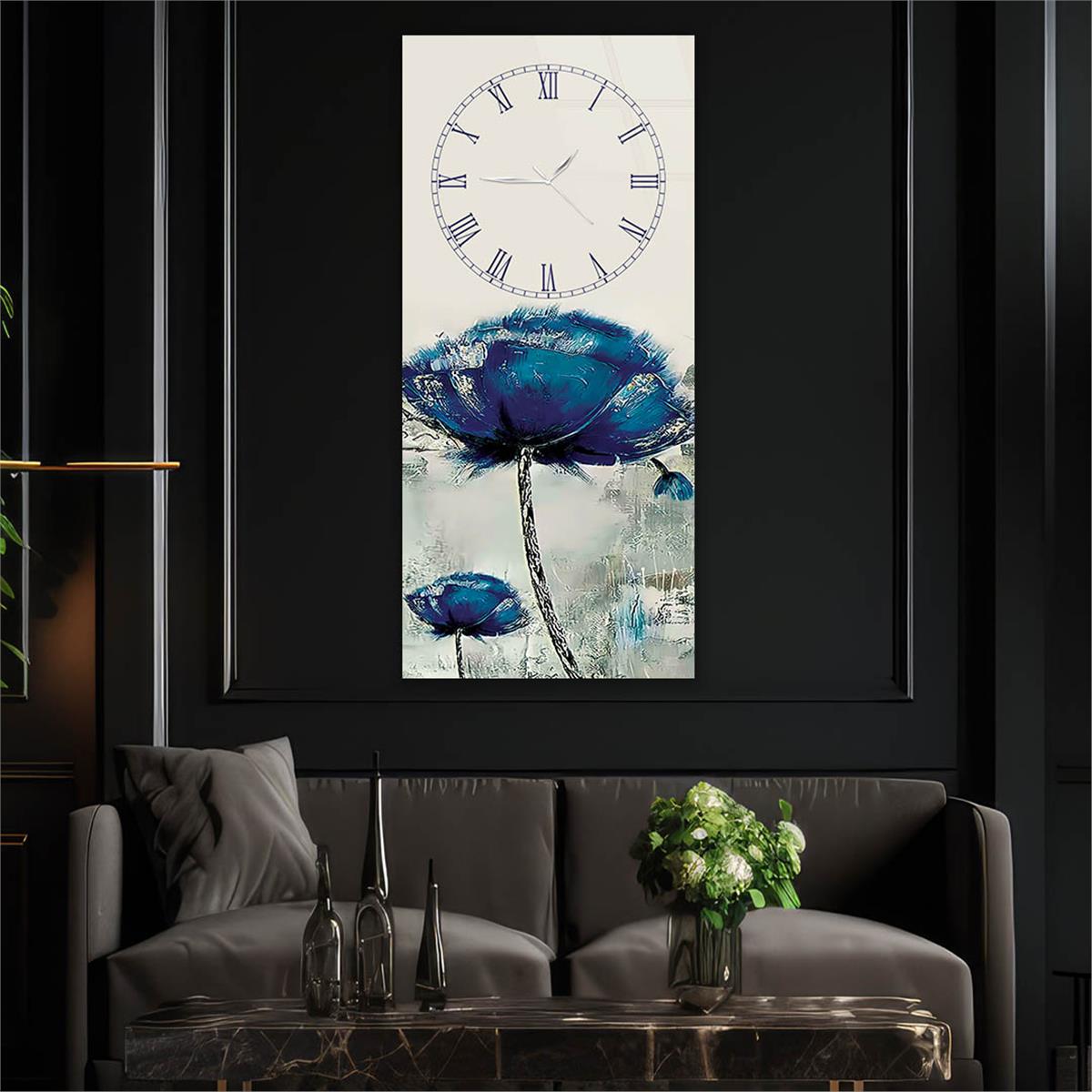 Dikey Üstten Saatli Sanat Temalı Cam Tablo 075