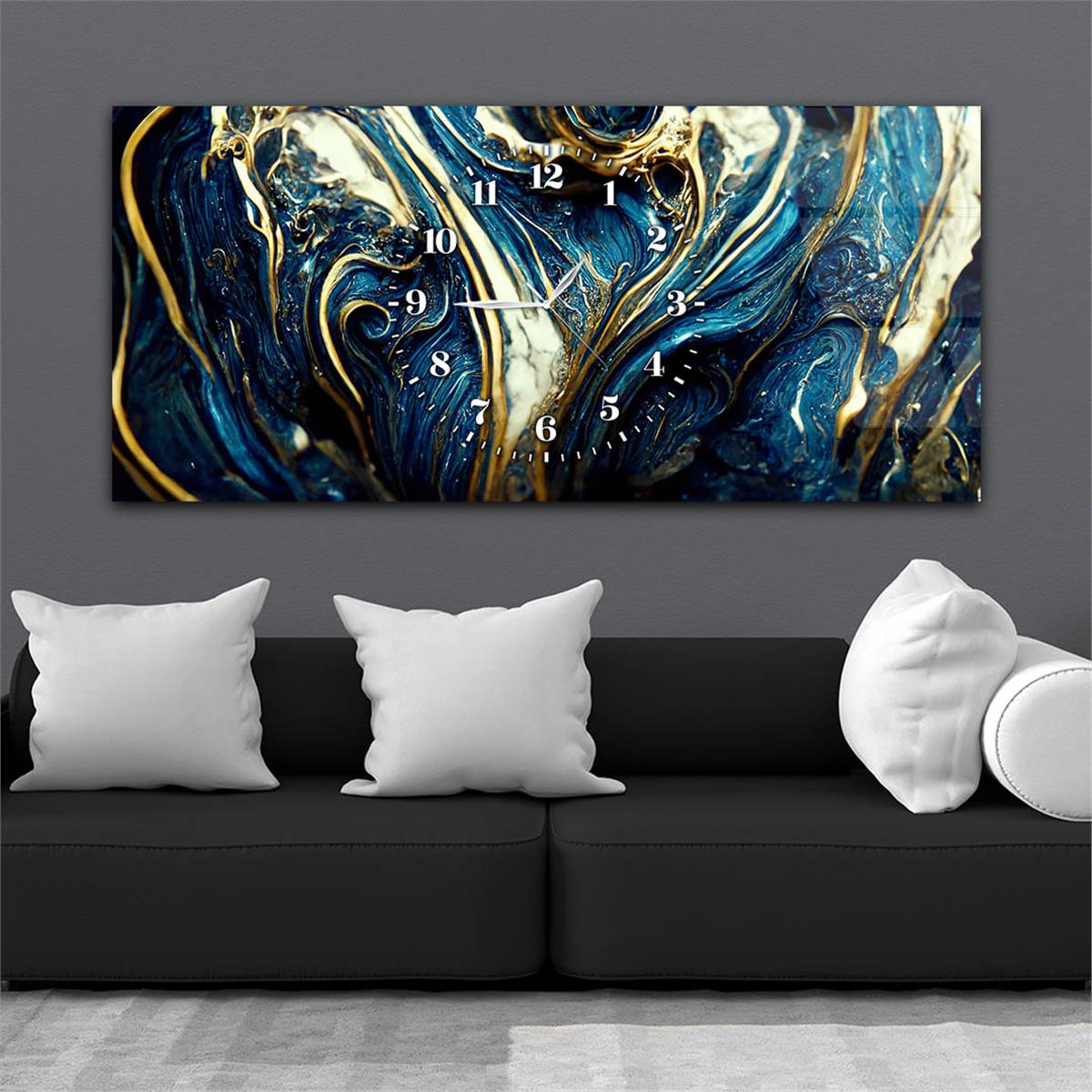 Mavi ve Gold Soyut Görselli Sanatsal Saatli Cam Tablo