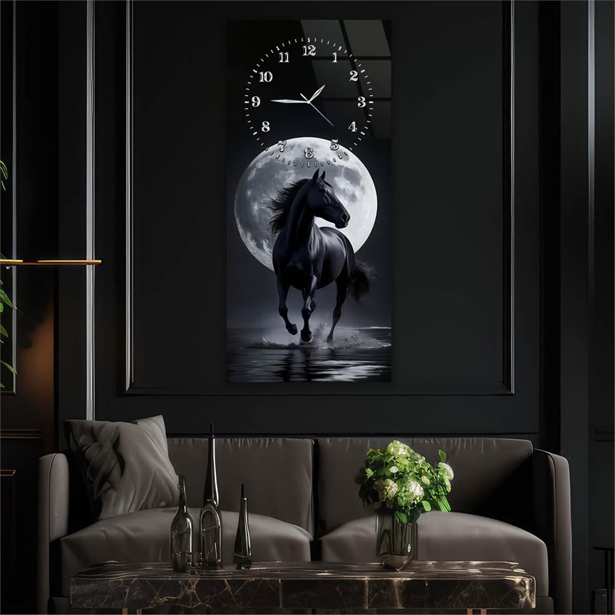 Dikey Üstten Saatli Sanat Temalı Cam Tablo 100