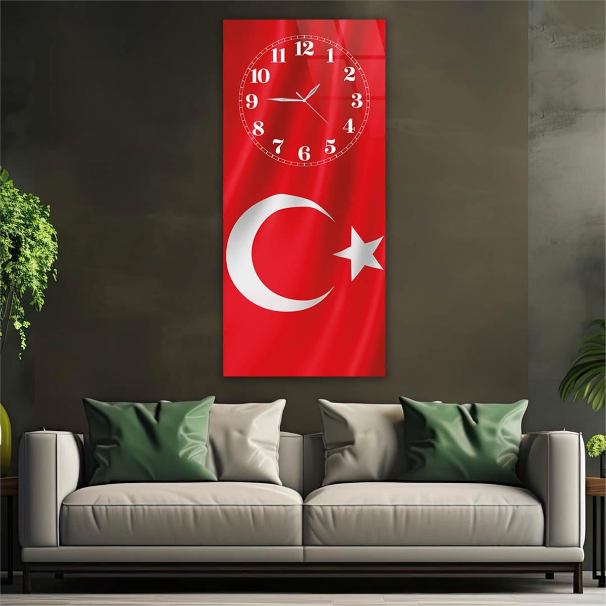 Dikey Üstten Saatli Vatan Temalı Cam Tablo 043