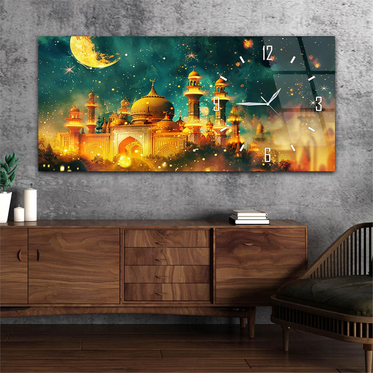 Yatay Saatli Yandan Dini Temalı Cam Tablo 082
