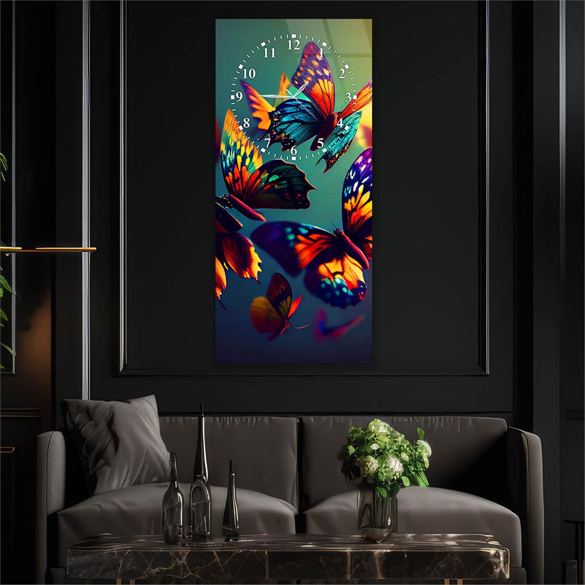 Dikey Üstten Saatli Sanat Temalı Cam Tablo 030