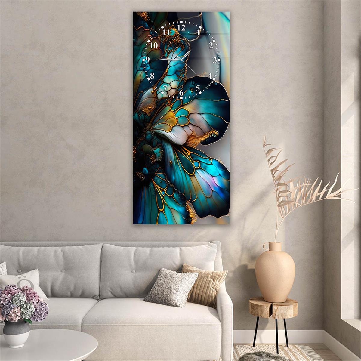 Dikey Üstten Saatli Sanat Temalı Cam Tablo 028