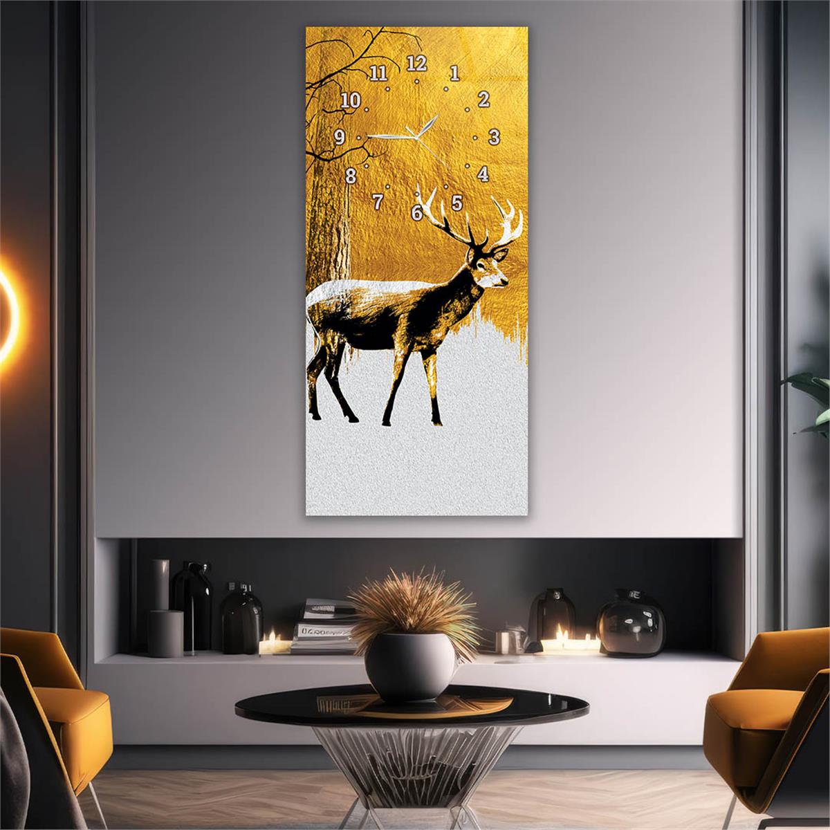 Dikey Üstten Saatli Sanat Temalı Cam Tablo 053