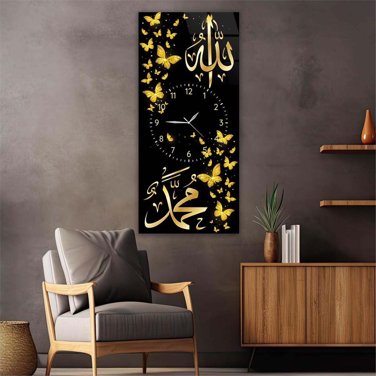 Vertical Religious Themed Glass Wall Art with Clock at the Center 011