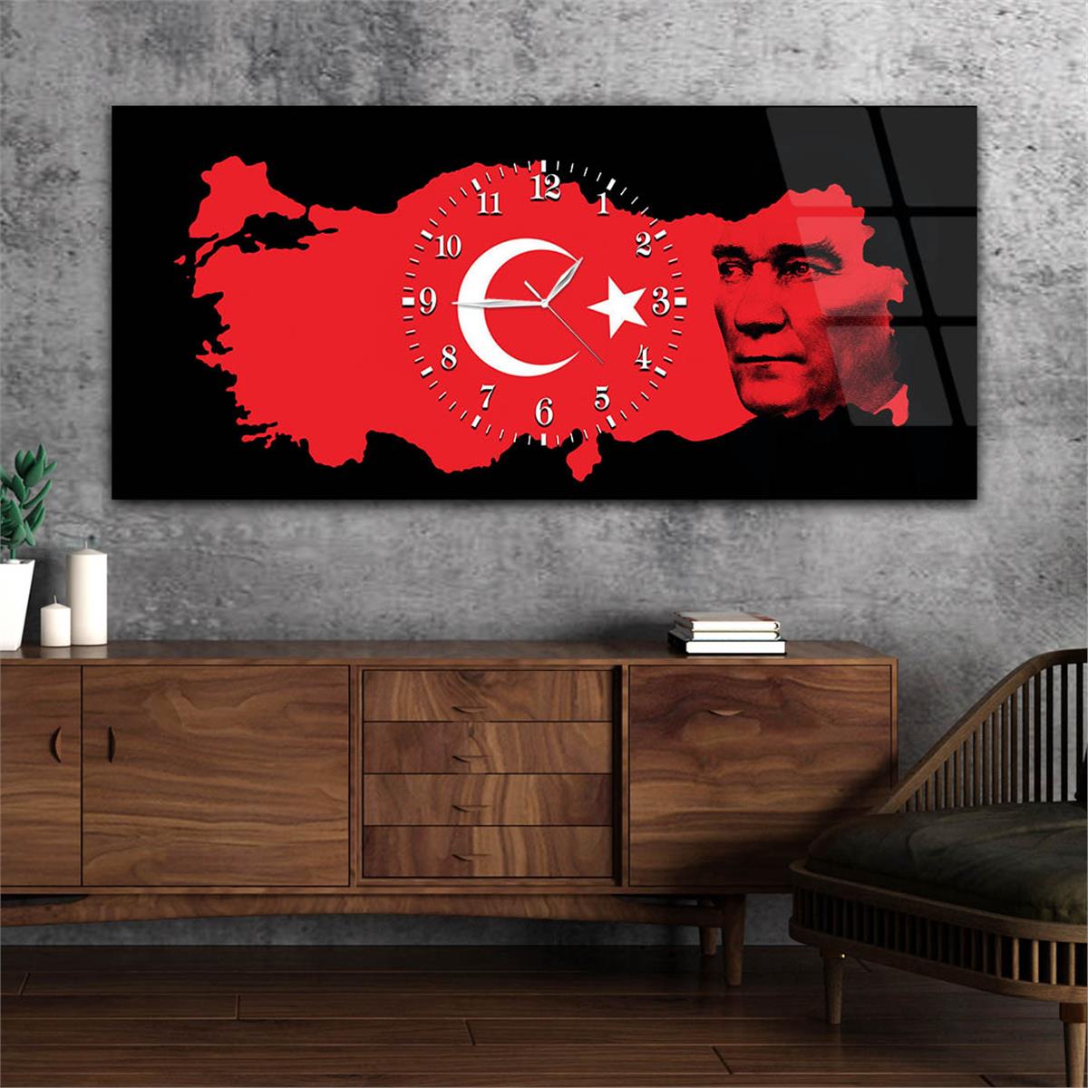Türkiye Haritası Üzerinde Türk Bayrağı ve Atatürk Saatli Cam Tablo 061