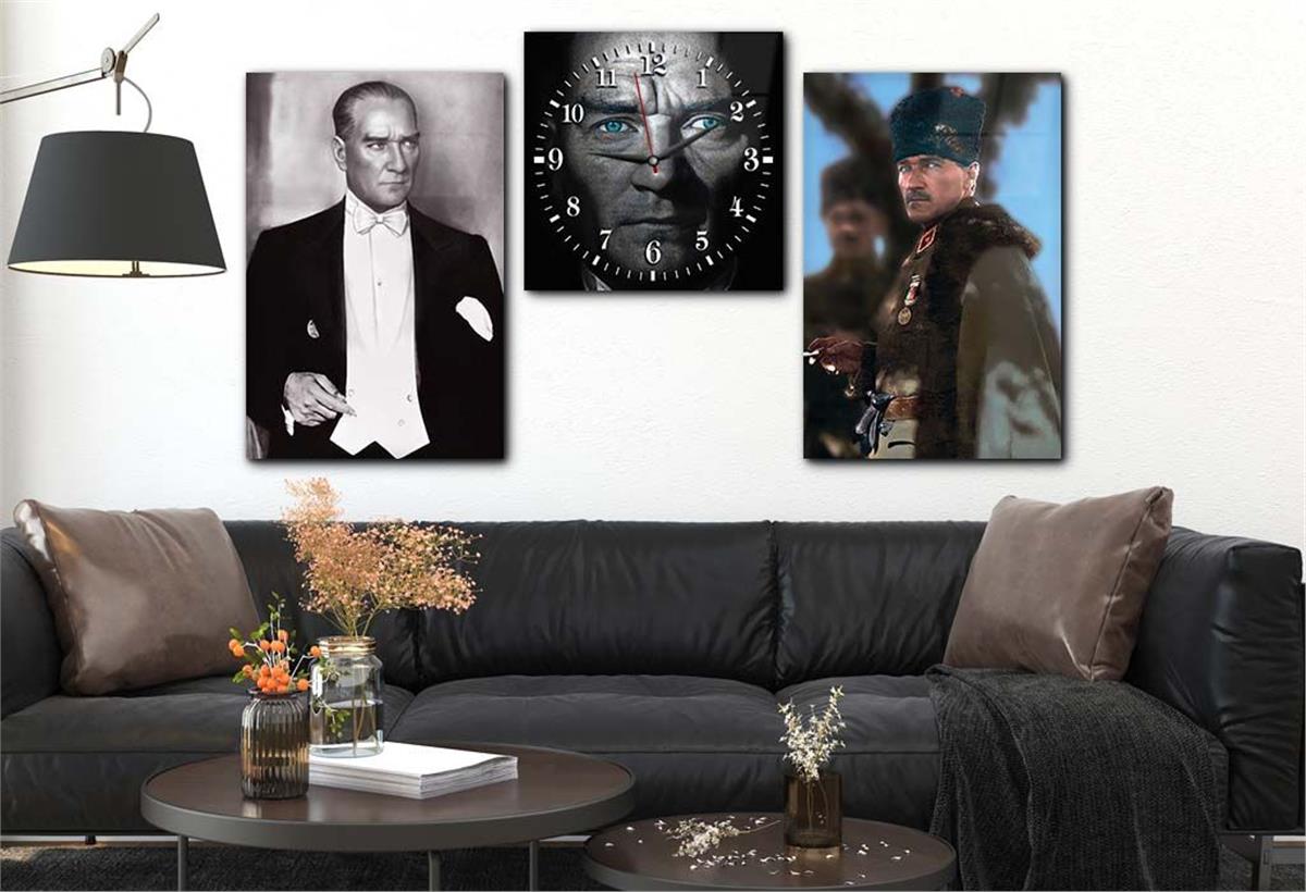 MUSTAFA KEMAL ATATÜRK Glass Wall Art Set with Clock