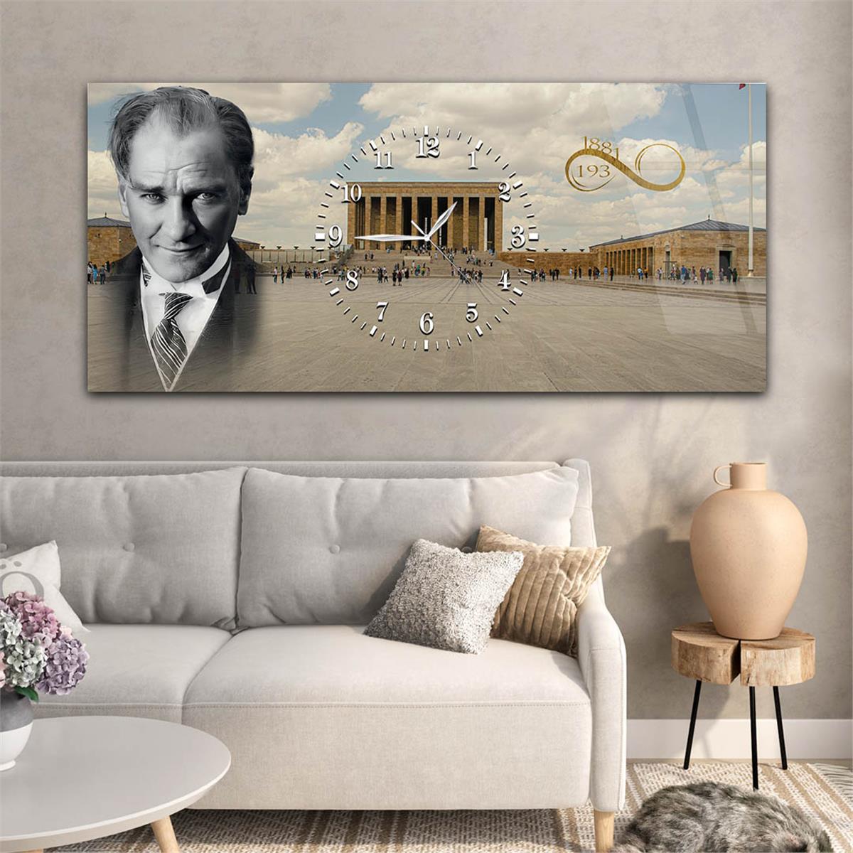 Anıtkabir ve Atatürk Ortadan Saatli Cam Tablo 063