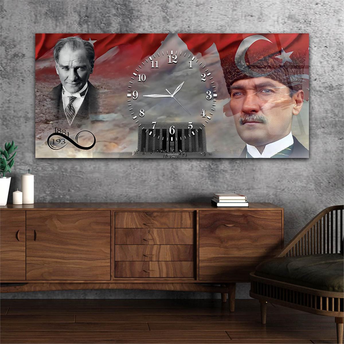 Atatürk Türk Bayrağı ve Sonsuz 1881-1938 Anıtkabir Saatli  Cam Tablo 067
