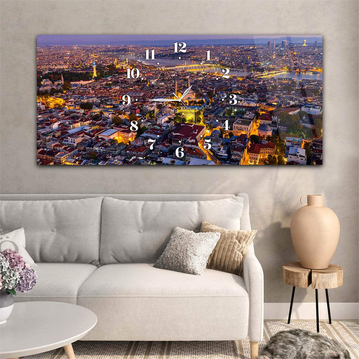 Yatay Saatli Ortadan Sanat Temalı Cam Tablo111