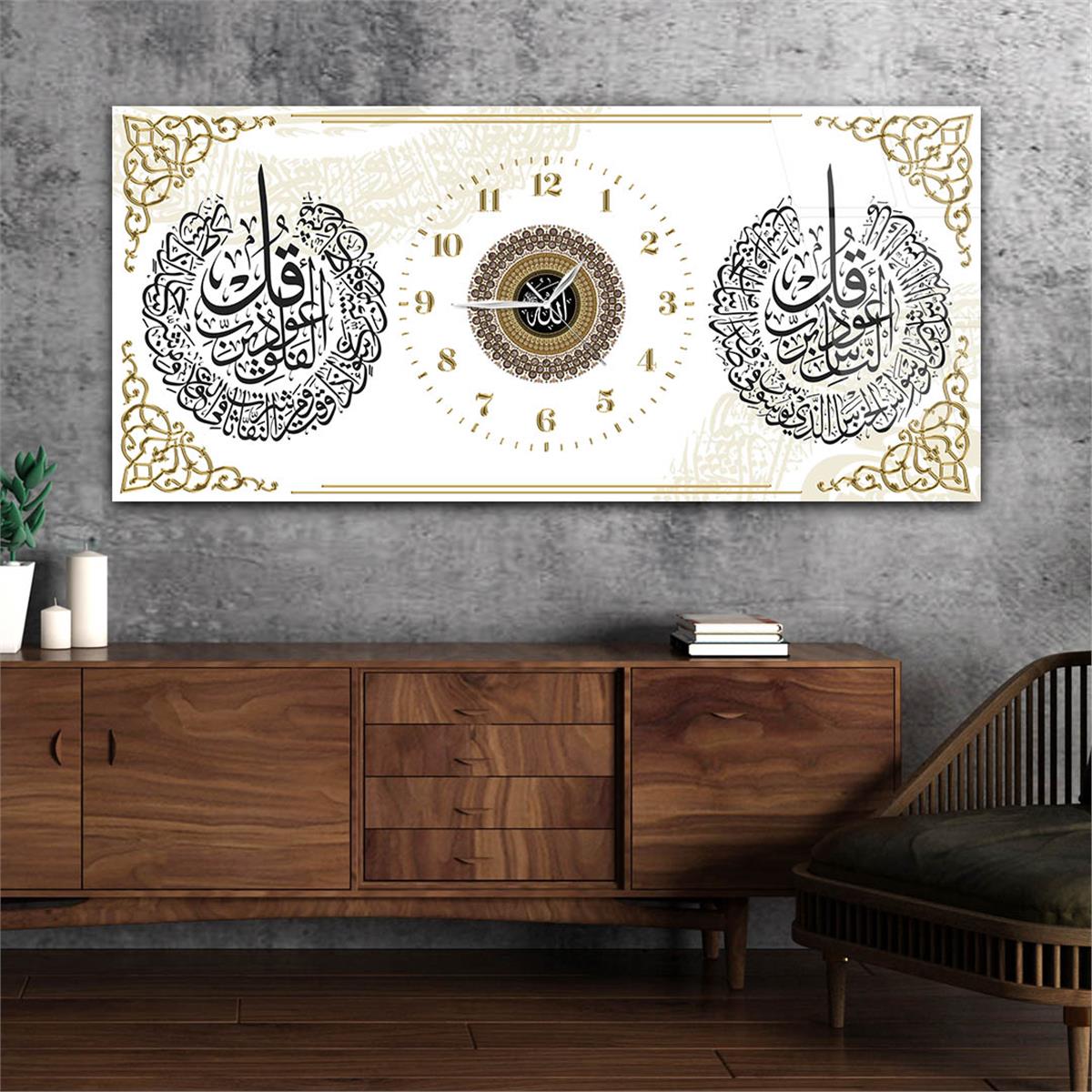 Yatay Saatli Ortadan Dini Temalı Cam Tablo 117