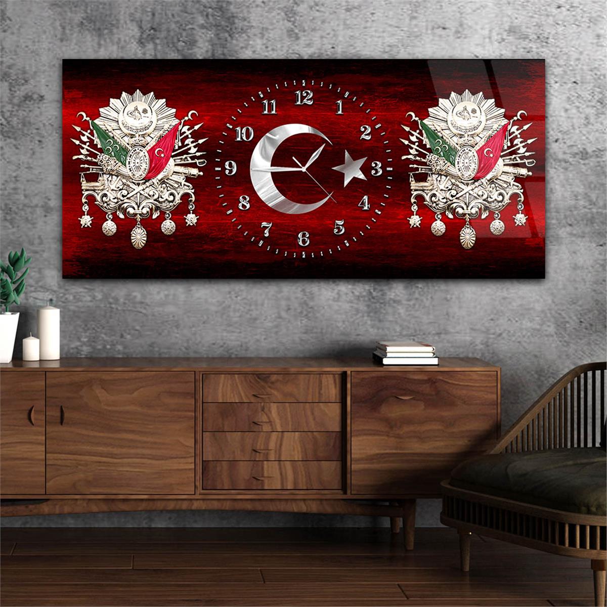 Yatay Saatli Ortadan Vatan Temalı Cam Tablo 150