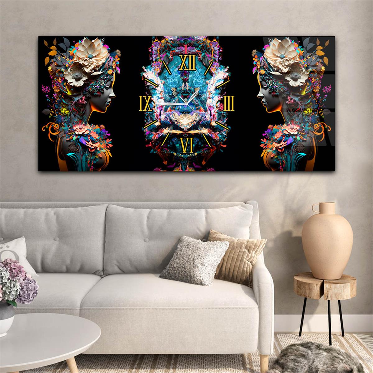 Horizontaal, in Het Midden Voorzien Van Een Klok, Kunst En Natuur Thema Gehard Glasschilderij 065