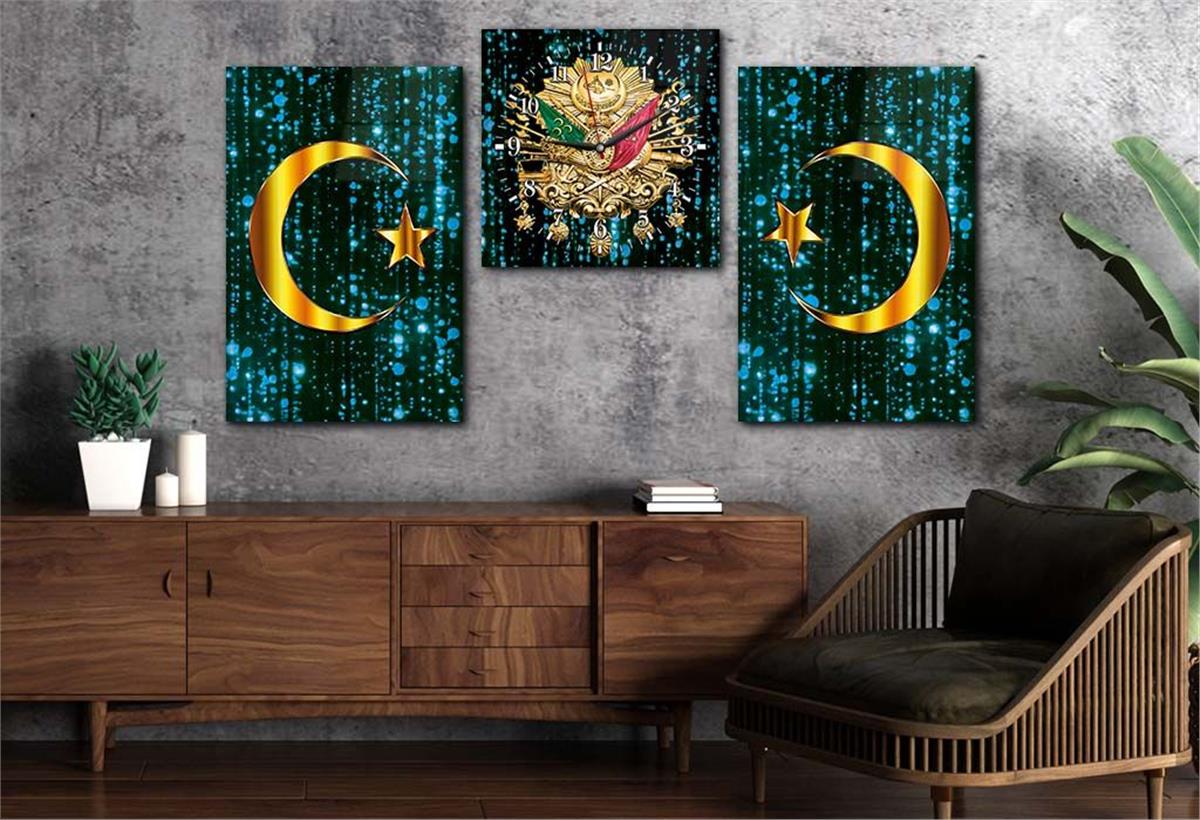 Ottoman State Coat of Arms and Crescent-Star Tempered Glass Wall Art Set with Clock