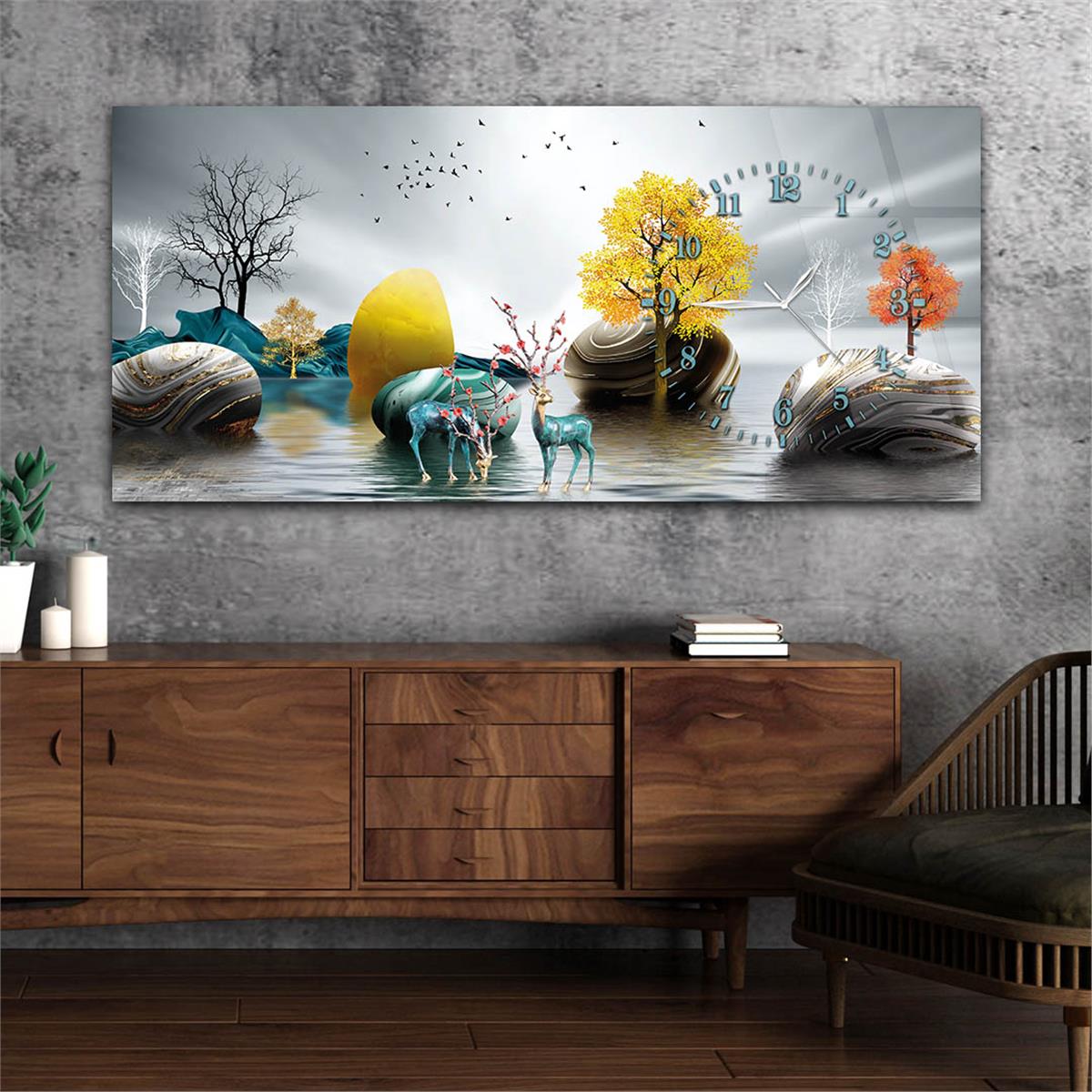 Yatay Saatli Yandan Sanat ve Doğa Temalı Cam Tablo 015