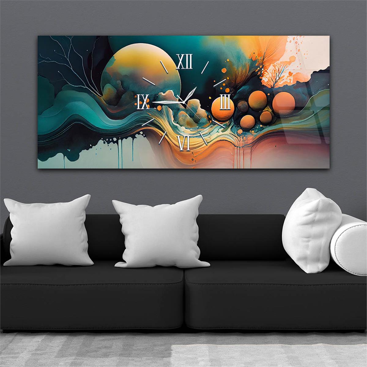Horizontaal, in Het Midden Voorzien Van Een Klok, Kunst En Natuur Thema Gehard Glasschilderij 084